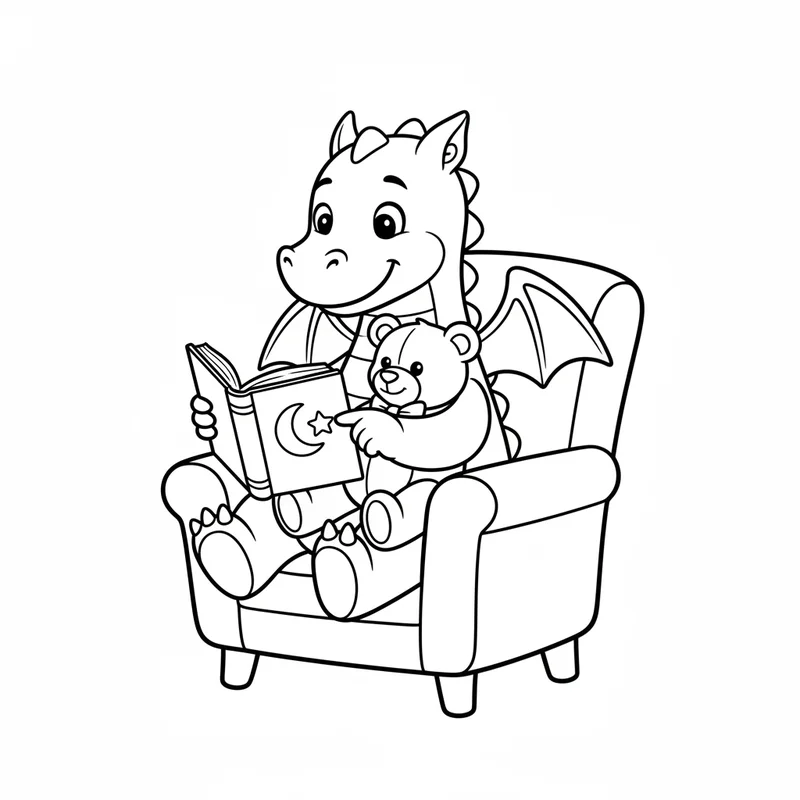 Freundlicher Drache mit Teddybär zum Ausmalen