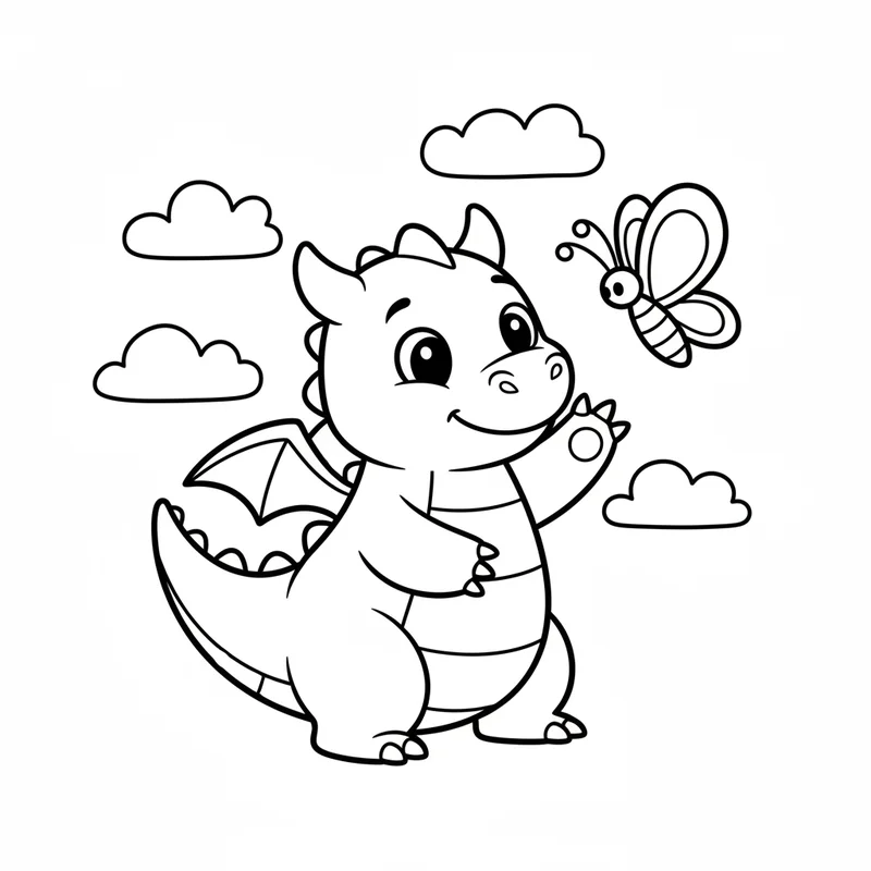 Kleiner Drache spielt mit zartem Schmetterling zum Ausmalen