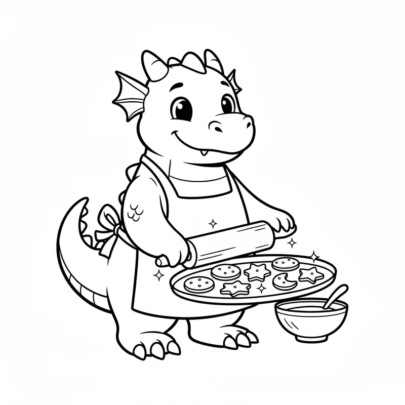 Lustiger Drache beim Keksebacken zum Ausmalen