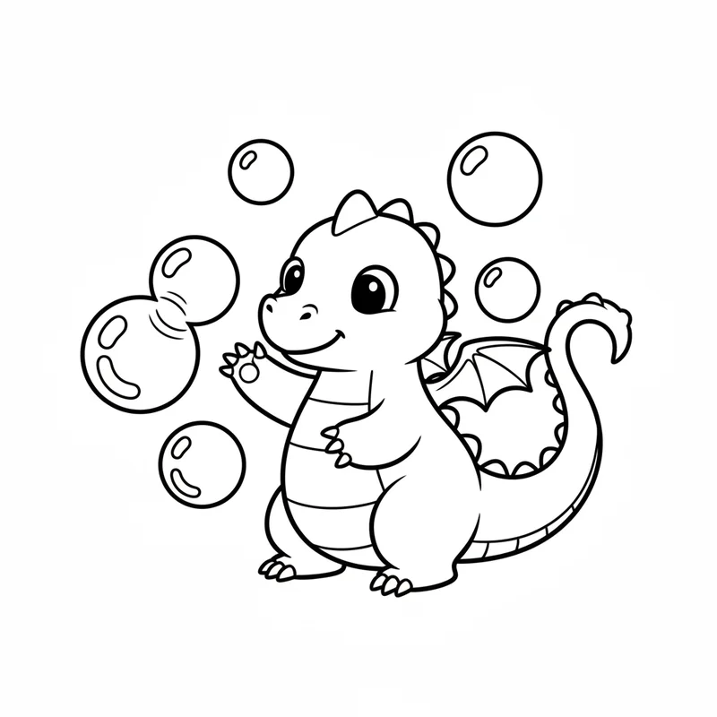 Niedlicher Baby-Drache mit Blasen zum Ausmalen