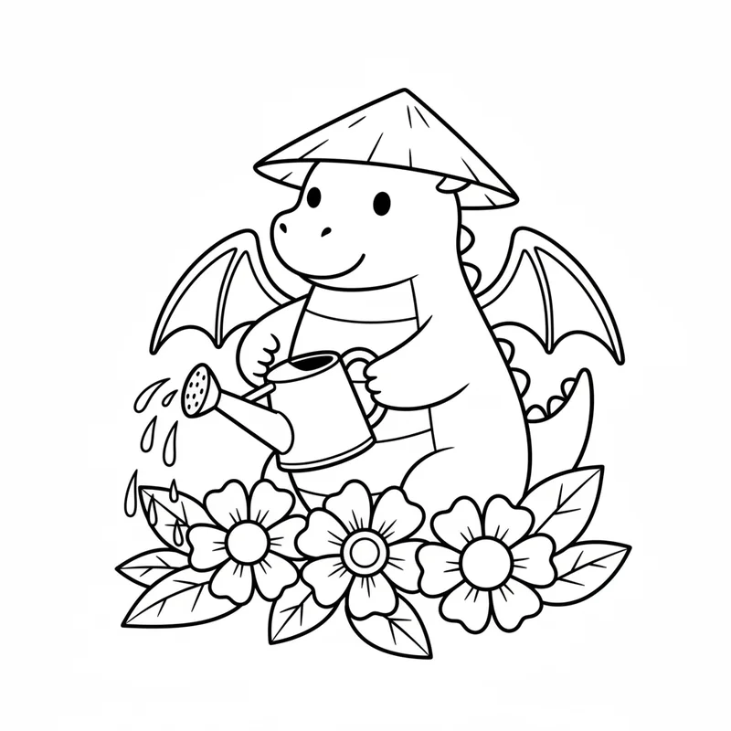 Niedlicher Drache mit Gießkanne zum Ausmalen