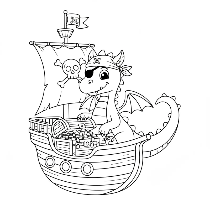 Piraten-Drache im Schatzschiff zum Ausmalen
