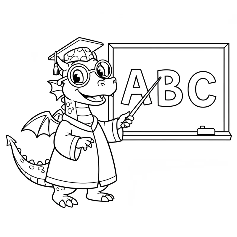 Schuldrache mit Talar und ABC-Tafel zum Ausmalen
