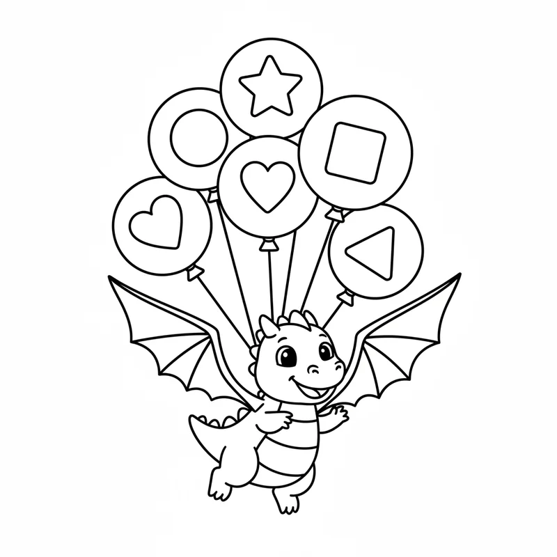 Süßer Baby-Drache mit Luftballons zum Ausmalen