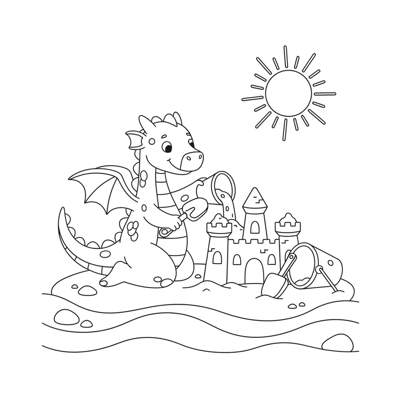 Süßer Drache baut Sandburg zum Ausmalen