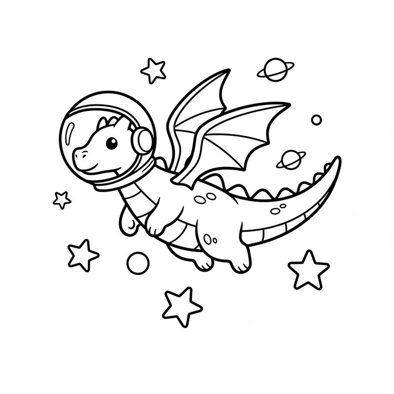 Weltraumdrache im Astronautenhelm zum Ausmalen