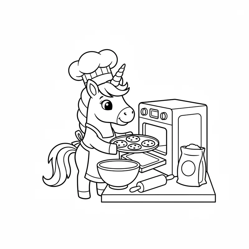 Einhorn beim Backen zum Ausmalen