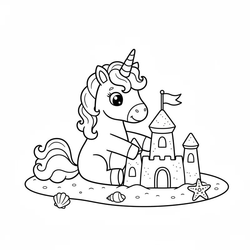 Einhorn baut Sandburg zum Ausmalen