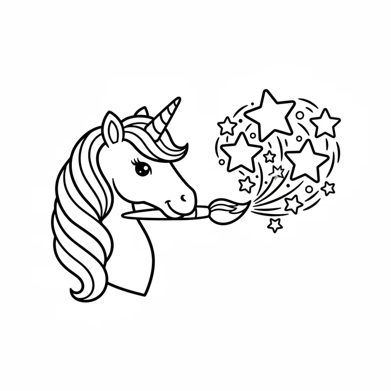 Einhorn mit Pinsel und Sternen zum Ausmalen