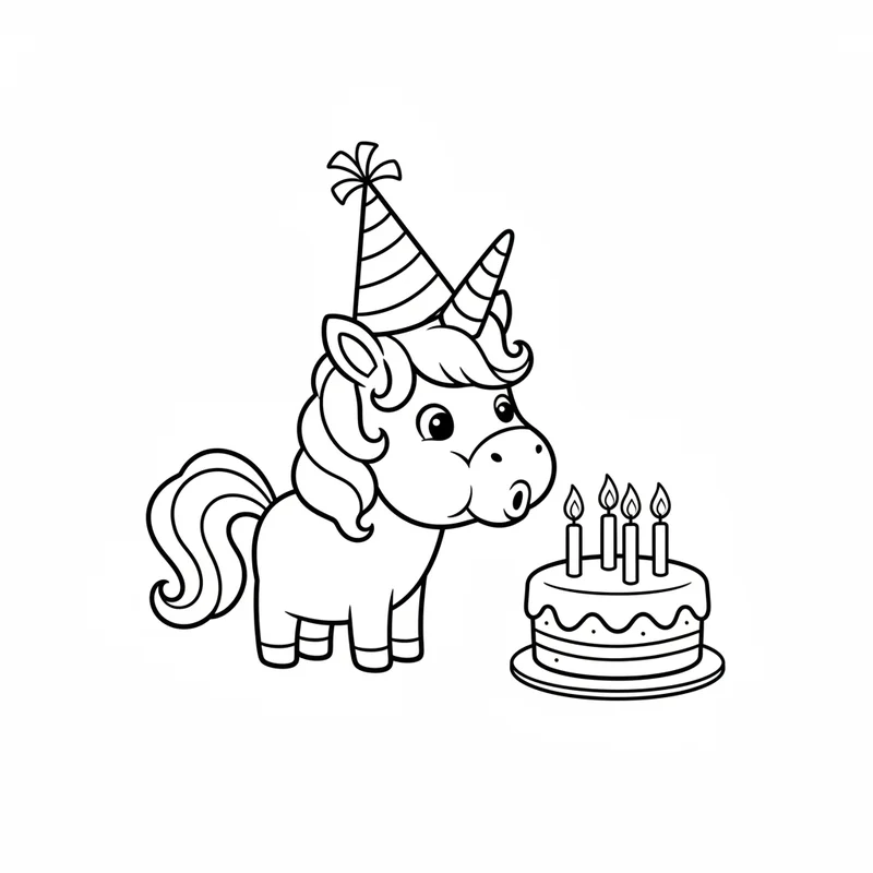 Einhorn mit Geburtstagskuchen zum Ausmalen