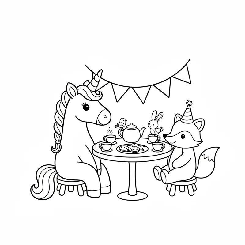 Einhorn und Fuchs beim Tee zum Ausmalen