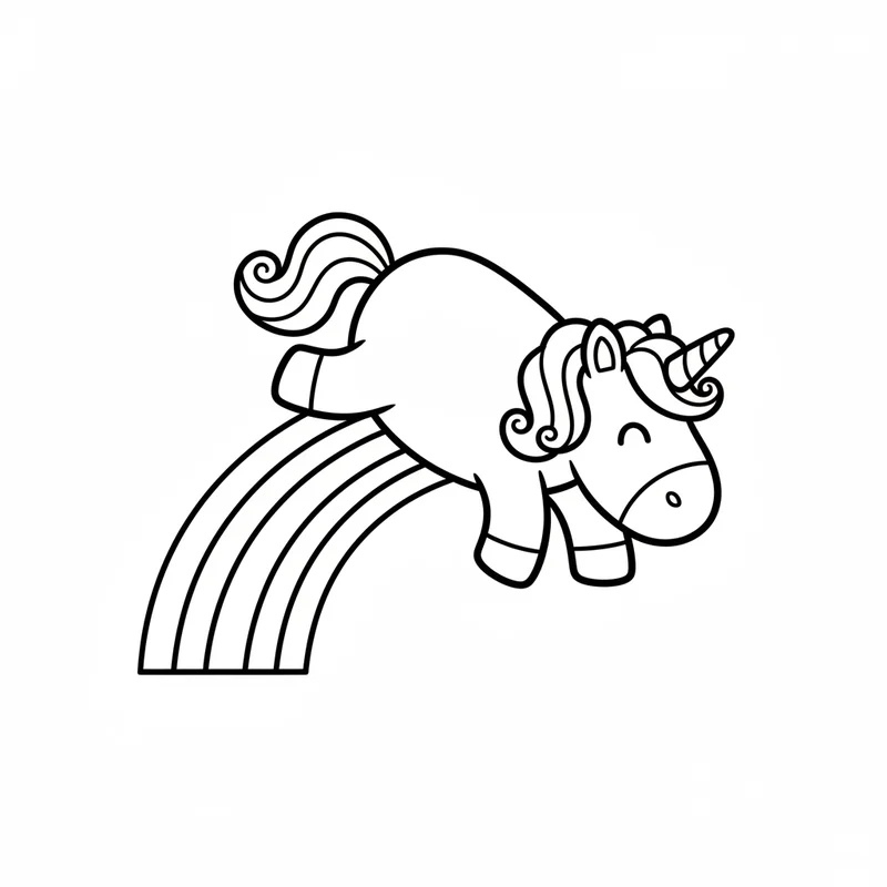 Fröhliches Einhorn auf Regenbogen zum Ausmalen