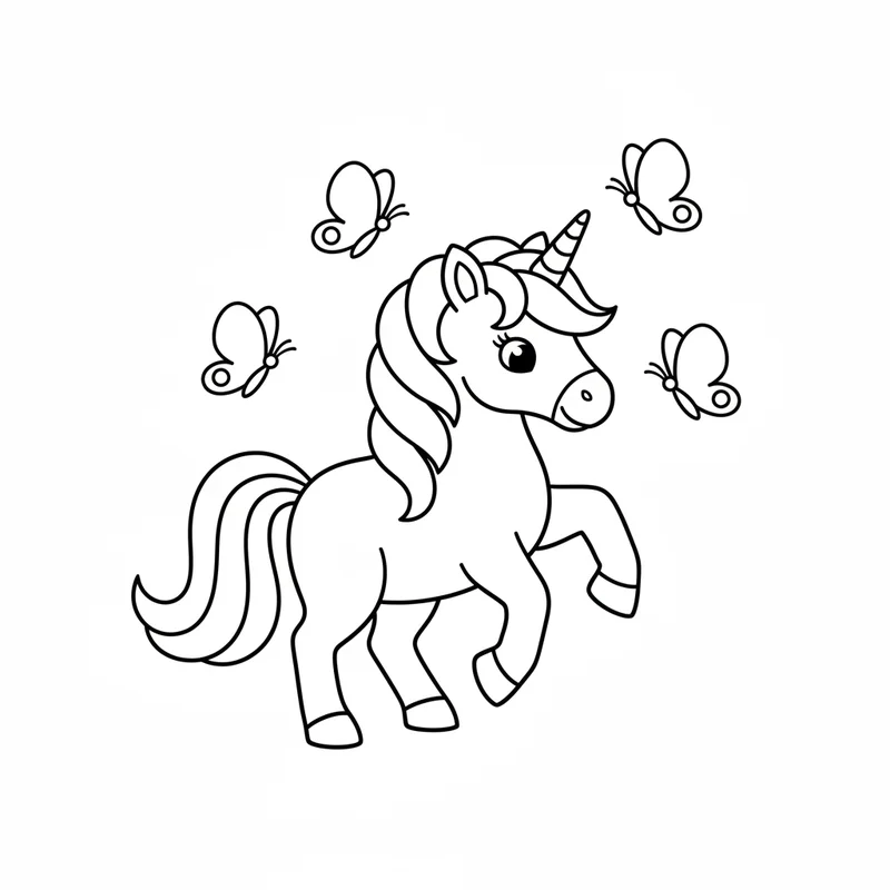 Fröhliches Einhorn mit Schmetterlingen zum Ausmalen
