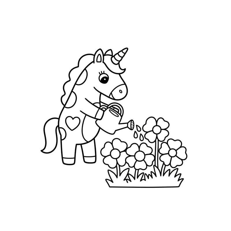 Einhorn mit Gießkanne zum Ausmalen