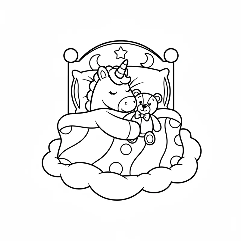 Schlafendes Einhorn mit Teddybär zum Ausmalen