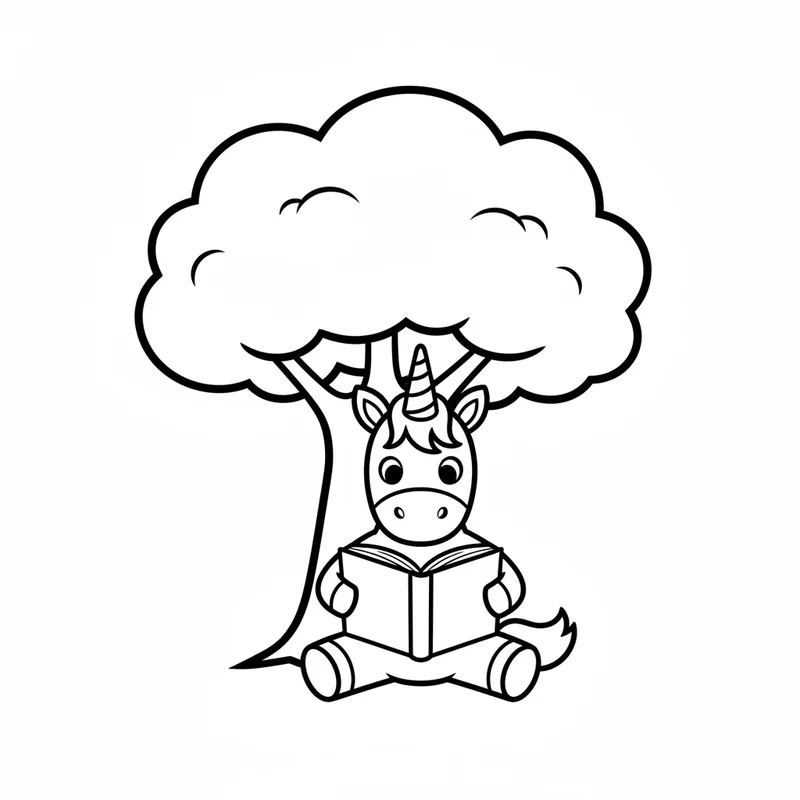 Sitzendes Einhorn unter Baum zum Ausmalen
