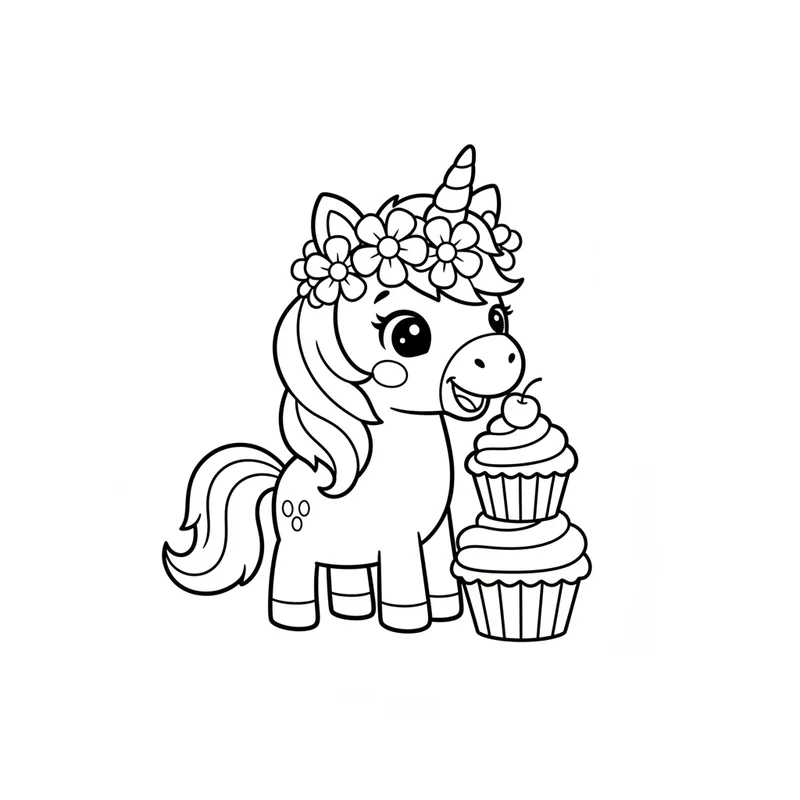 Süßes Einhorn mit Cupcakes zum Ausmalen