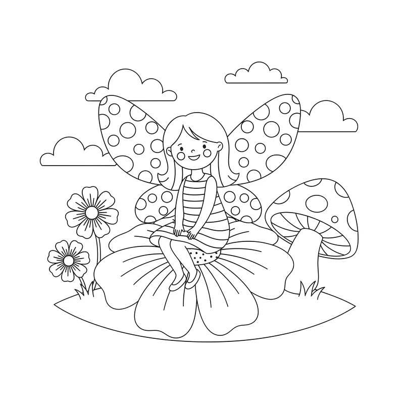 Freundliche Fee auf Blume mit Pilz und Blüten zum Ausmalen