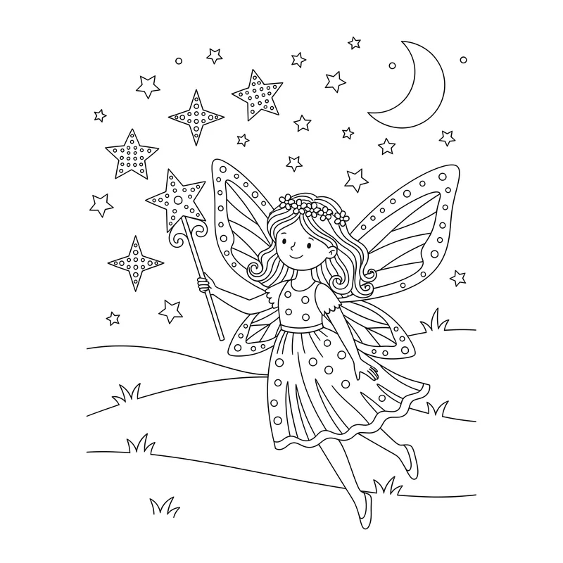 Freundliche Fee mit Zauberstab und funkelnden Sternen zum Ausmalen