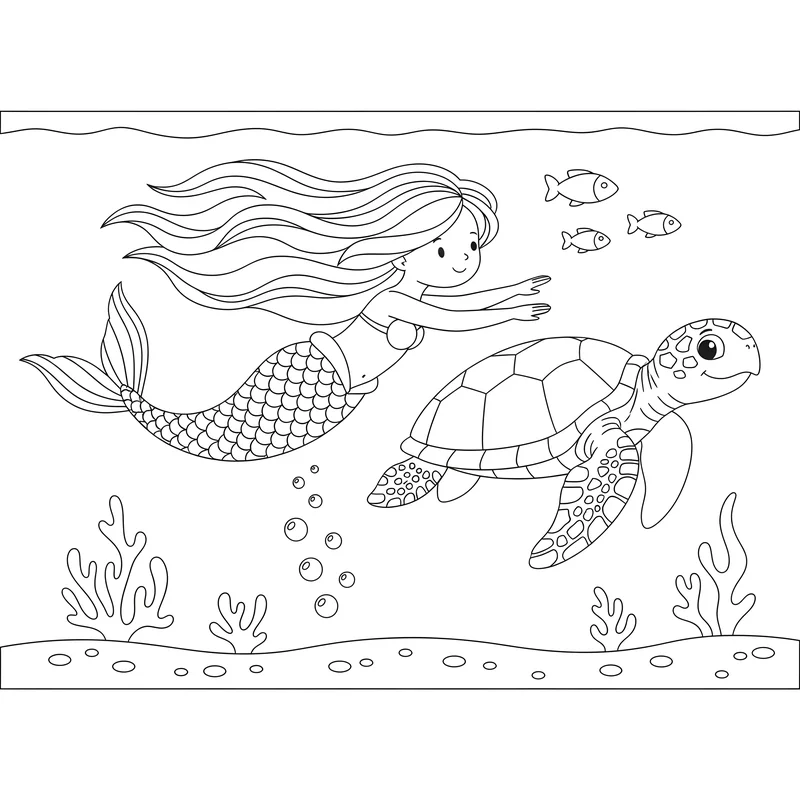 Meerjungfrau schwimmt mit Meeresschildkröte zum Ausmalen