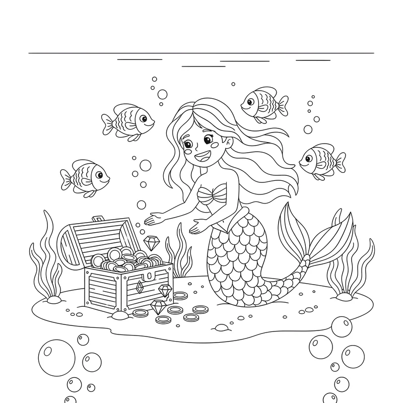 Meerjungfrau findet eine Schatztruhe zum Ausmalen