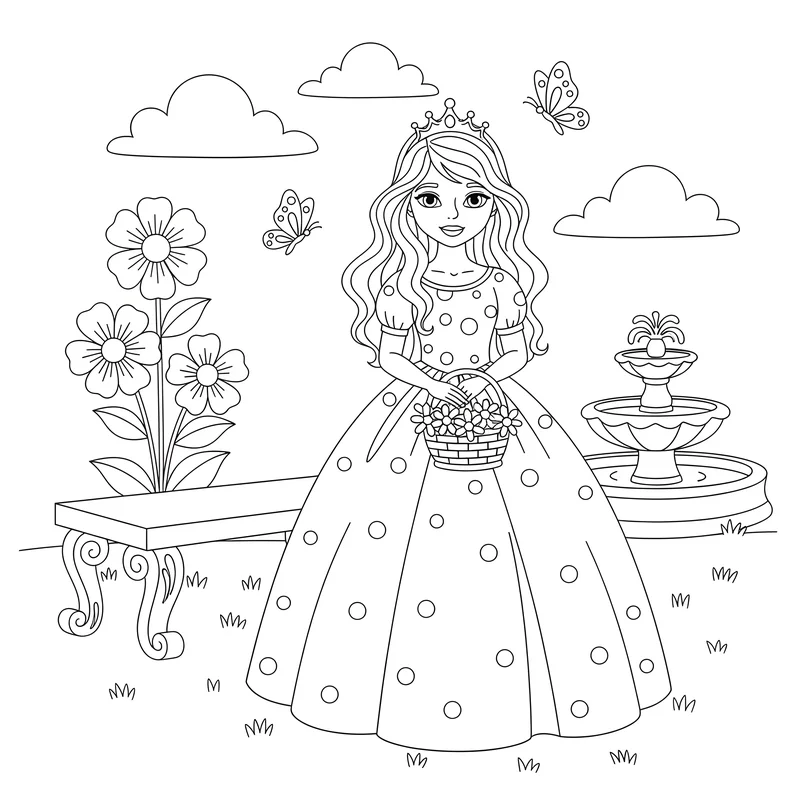 Prinzessin im Schlossgarten mit Blumen und Schmetterlingen zum Ausmalen