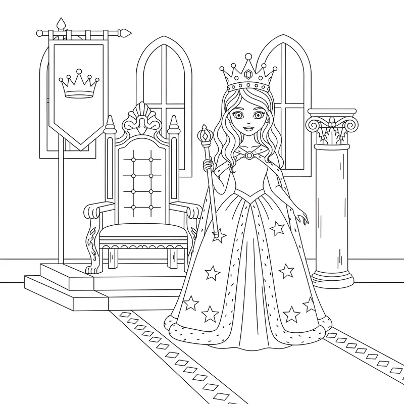 Prinzessin im Thronsaal mit Krone und Zepter zum Ausmalen
