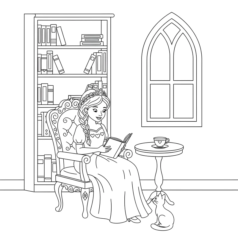 Prinzessin liest in der Schlossbibliothek zum Ausmalen