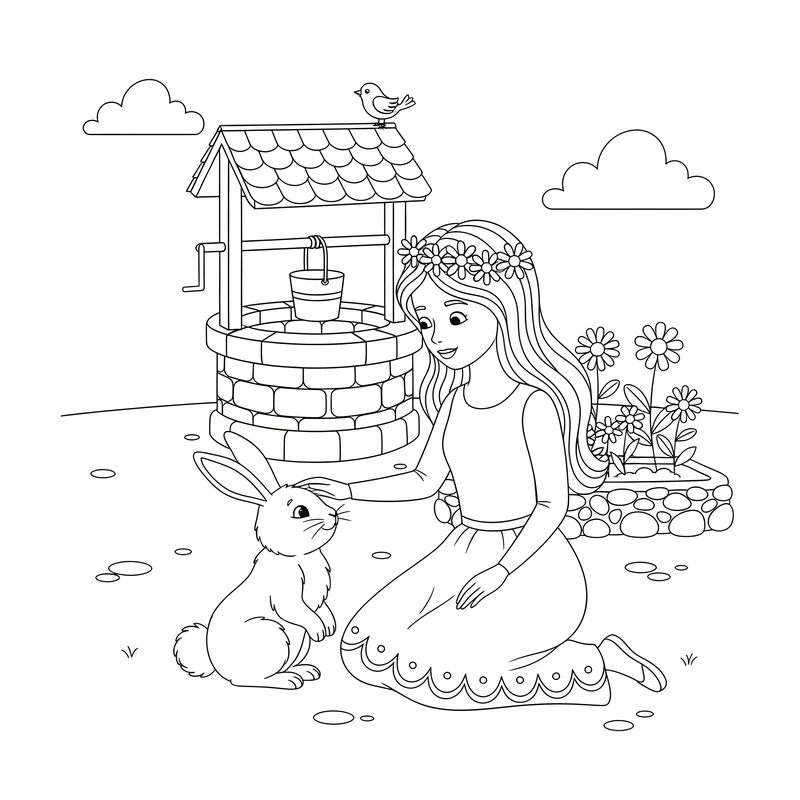 Prinzessin mit Häschen im Schlosshof zum Ausmalen