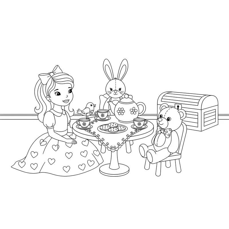 Prinzessin bei der Teeparty mit Kuscheltieren zum Ausmalen