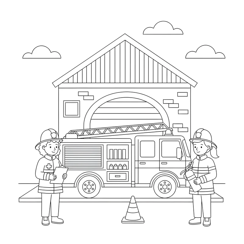 Feuerwehrauto an der Wache mit zwei Feuerwehrleuten zum Ausmalen