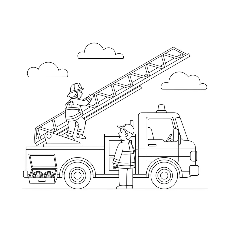 Feuerwehrauto mit ausgefahrener Leiter und Feuerwehrleuten zum Ausmalen