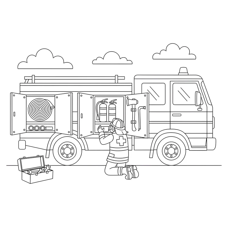 Feuerwehrauto mit geöffneten Gerätefächern zum Ausmalen
