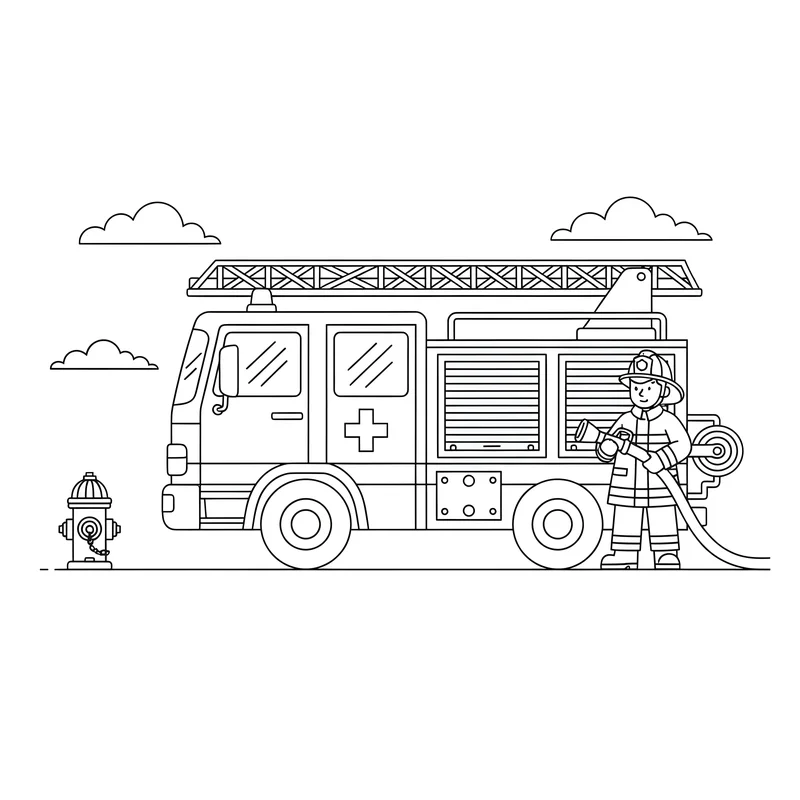 Feuerwehrauto mit Feuerwehrmann und Löschschlauch zum Ausmalen