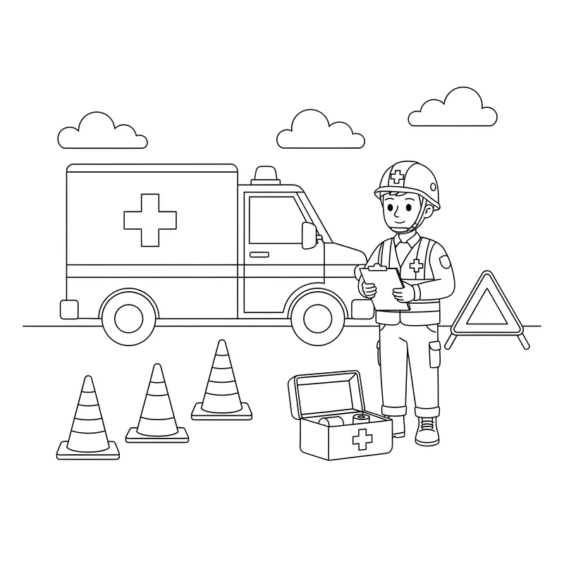 Krankenwagen am Unfallort mit Sanitäter und Ausrüstung zum Ausmalen