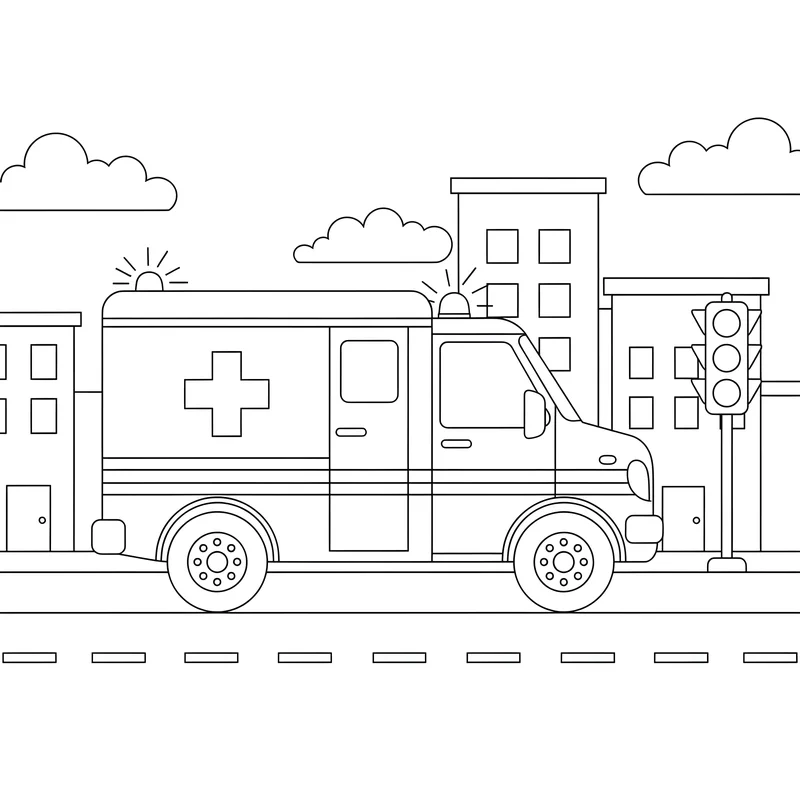 Krankenwagen im Einsatz mit Blaulicht und Stadtkulisse zum Ausmalen