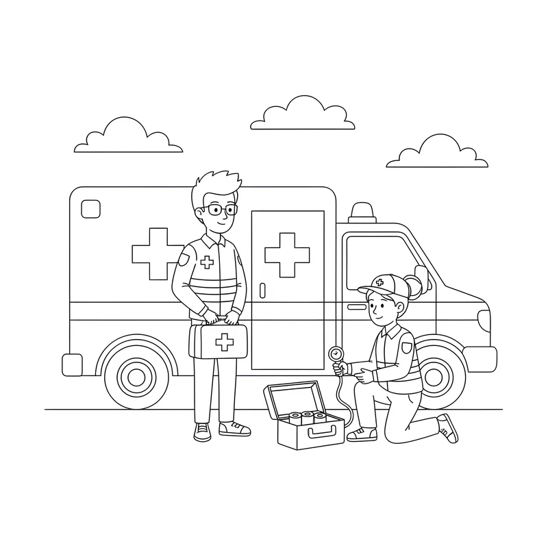 Zwei Sanitäter mit Krankenwagen beim Einsatz vorbereiten zum Ausmalen