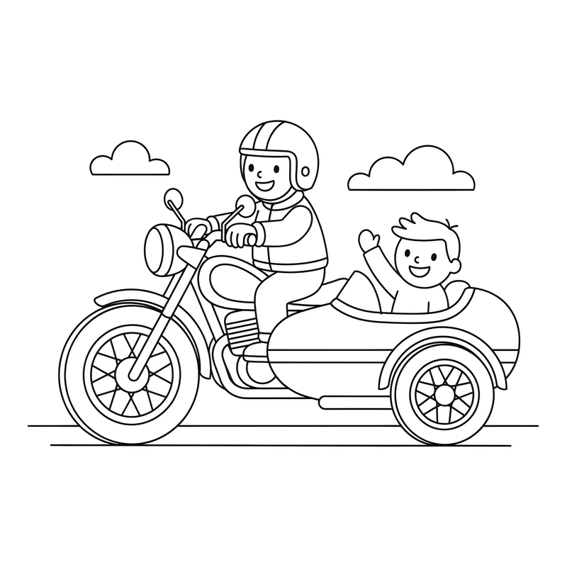 Motorrad fährt mit großem Beiwagen zum Ausmalen