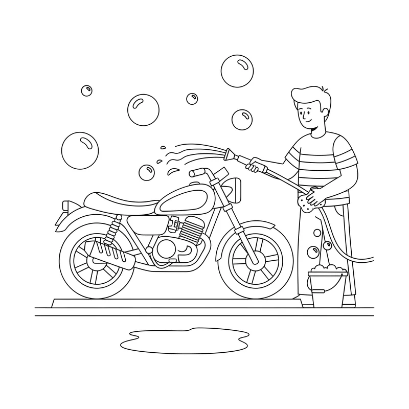 Motorrad wird in der Waschanlage gesäubert zum Ausmalen