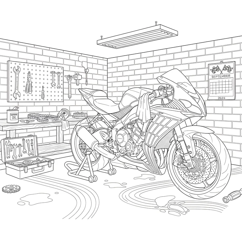Sportmotorrad in Werkstatt mit detaillierten Werkzeugen zum Ausmalen