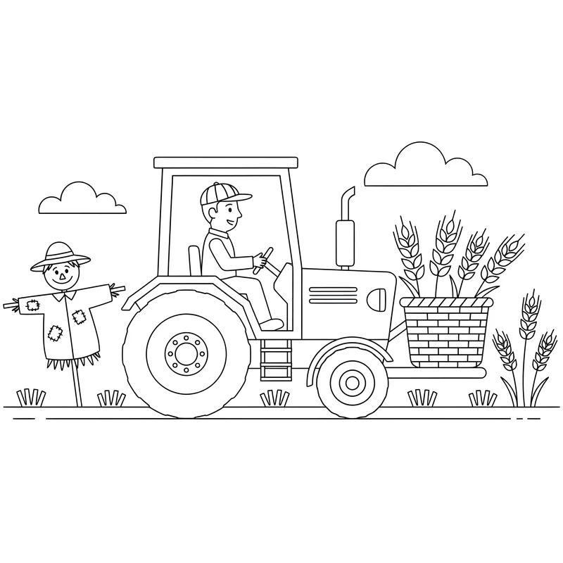 Traktor bei der Weizenernte mit Bauer und Vogelscheuche zum Ausmalen