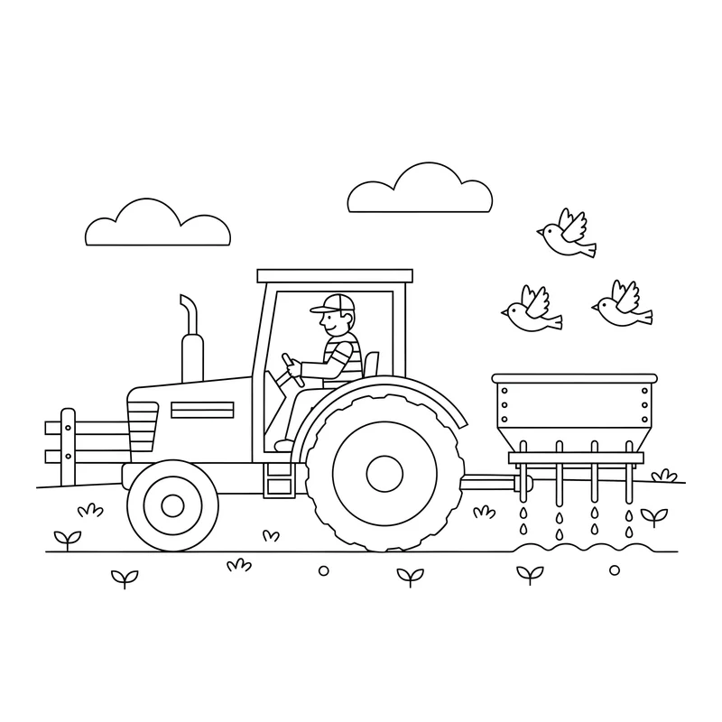 Traktor beim Säen im Frühling mit Bauer und Vögeln zum Ausmalen