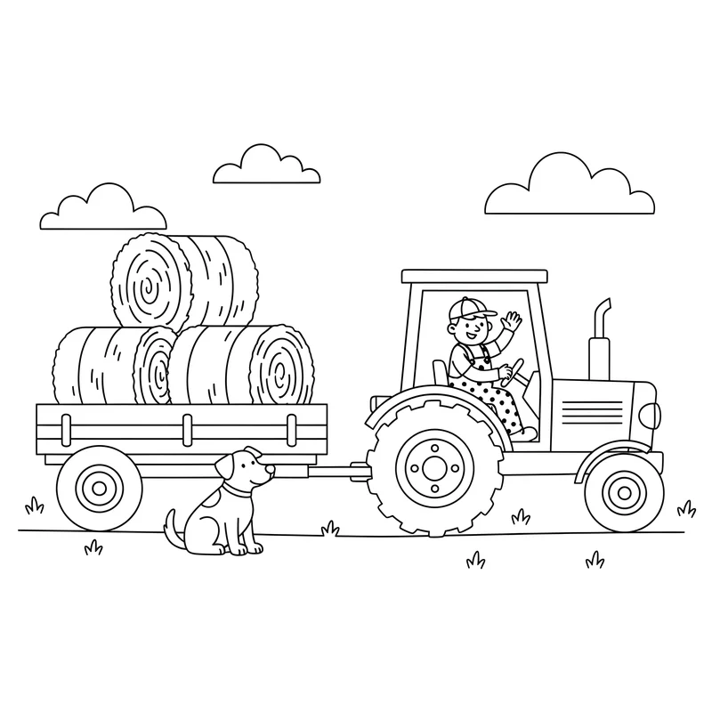 Traktor mit Heuanhänger und Bauer zum Ausmalen