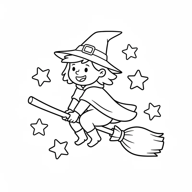 Freundliche Hexe auf dem Besen zum Ausmalen