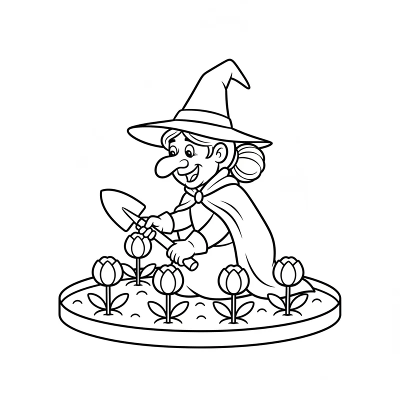 Freundliche Hexe beim Gärtnern zum Ausmalen