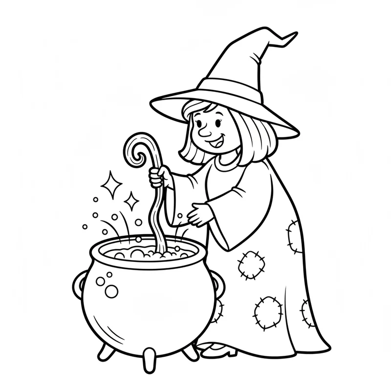 Freundliche Hexe mit Kessel zum Ausmalen