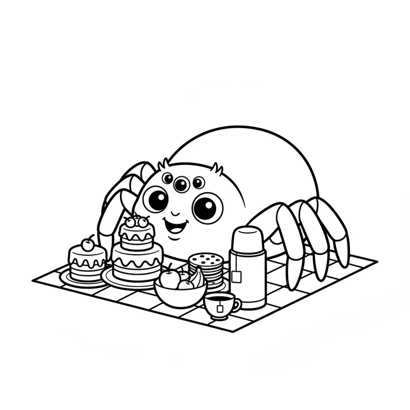 Freundliche Spinne beim Picknick zum Ausmalen