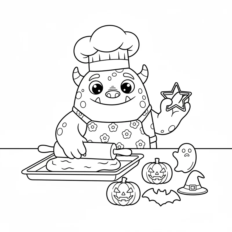 Freundliches Monster beim Keksebacken zum Ausmalen