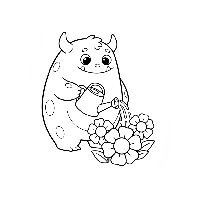 Freundliches Monster mit Blumen zum Ausmalen