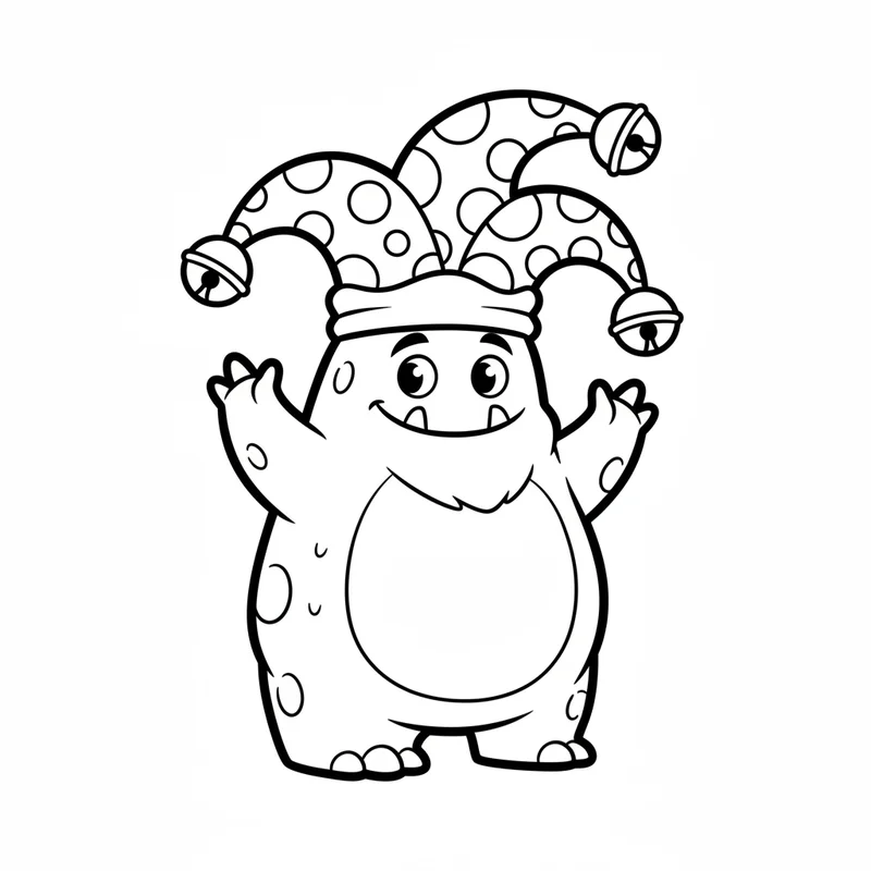 Freundliches Monster mit Narrenmütze zum Ausmalen